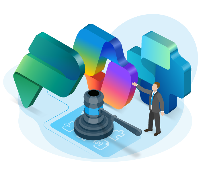 Isometric illustration of a person gesturing toward a gavel and a cluster of colorful Microsoft 365 app icons, representing governance oversight of the Microsoft 365 and AI stack